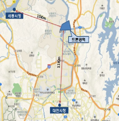 드론광역을 중심으로 세종시청까지는 10km이고, 대전시청은 11km이다.